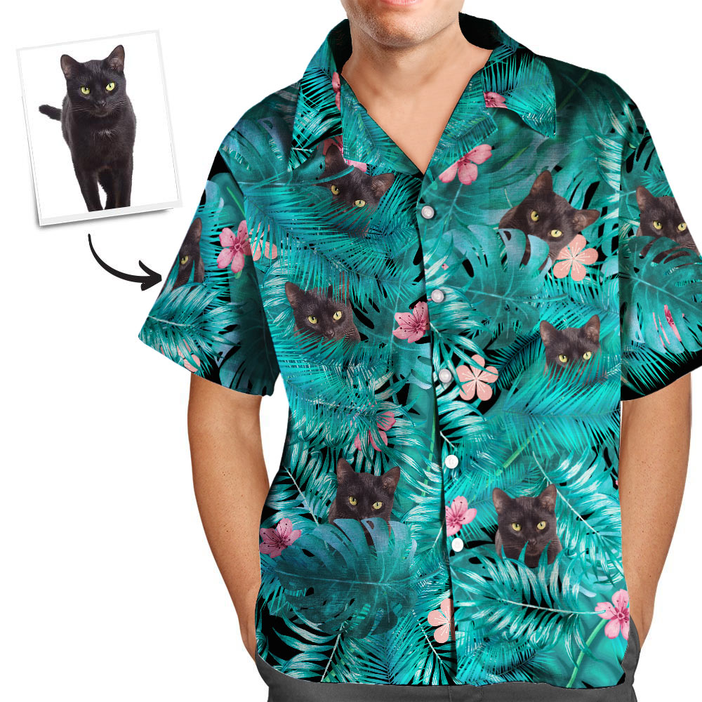 Pink Hawaiian Shirt Black Cat Aloha Pink Floral Tropical Hawaiian