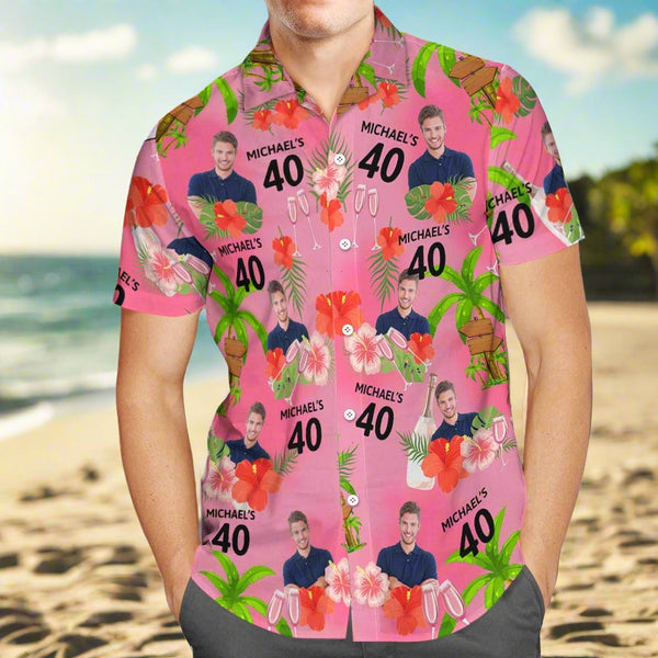 Camisa havaiana personalizada com data e nome rosa, rosto de aniversário, flor vermelha e coqueiro, camisa havaiana