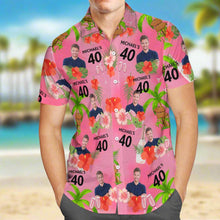 Camisa havaiana personalizada com data e nome rosa, rosto de aniversário, flor vermelha e coqueiro, camisa havaiana