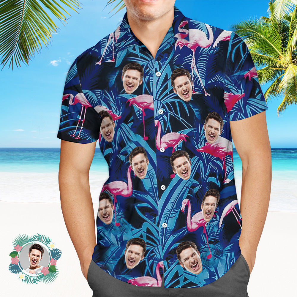 Custom Photo Hawaiian Shirt Blue Leaf Flamingo Face Hawaiian Shirt