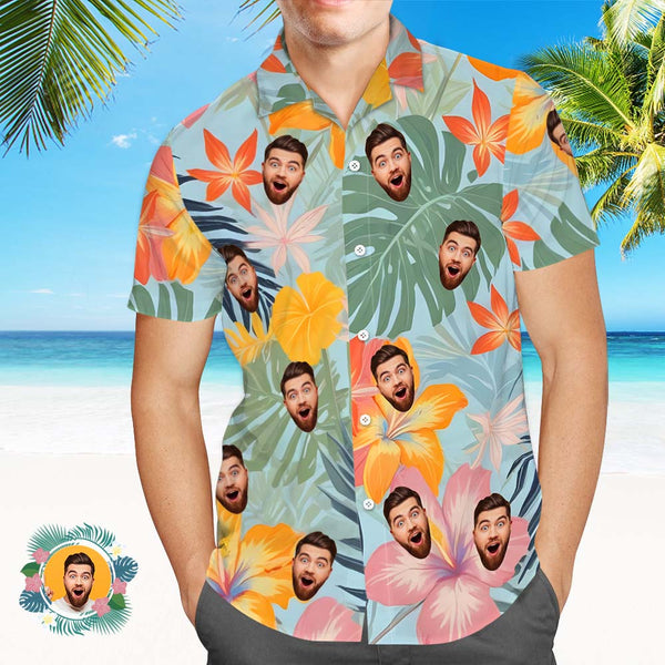 Custom Face Hawaiian Shirts Colorful Flowers And Leaves Face Hawaiian Shirt