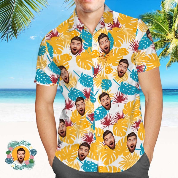 Custom Face Hawaiian Shirts Yellow And Blue Leaves Beach Hawaiian Shirt