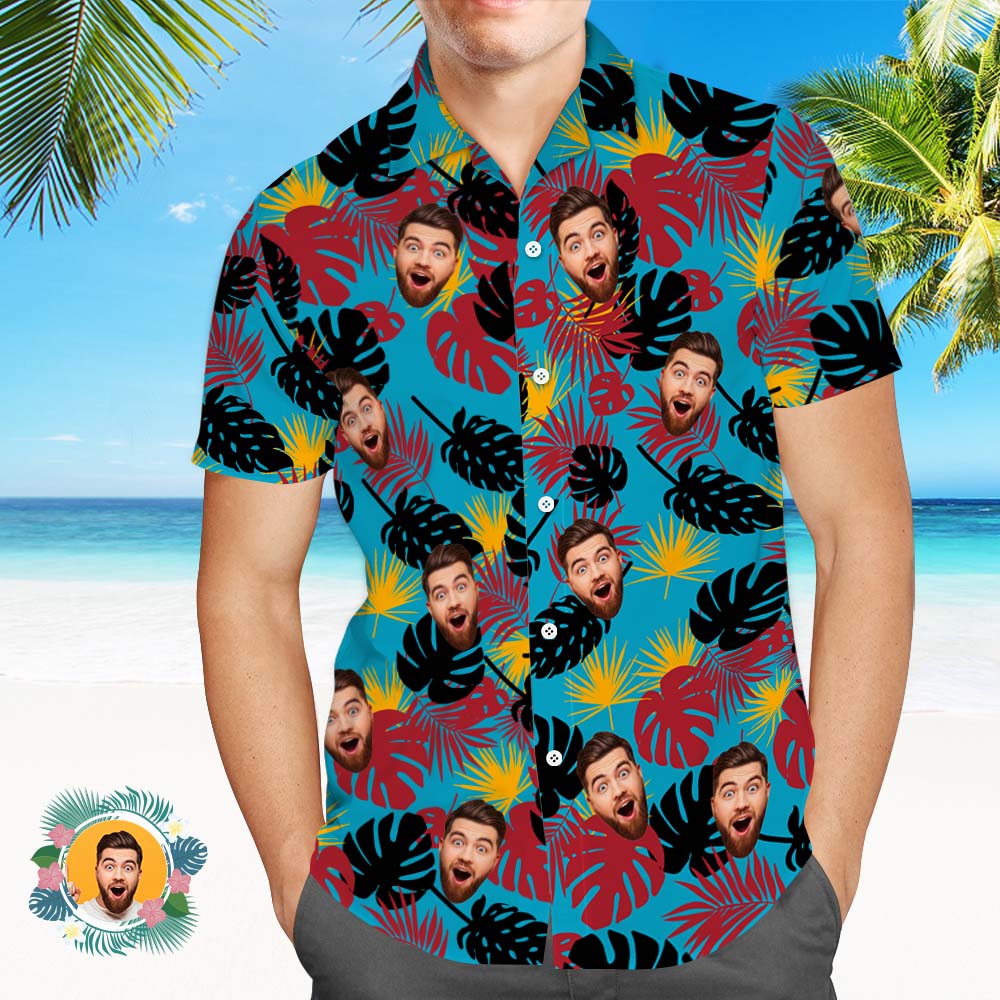Custom Face Hawaiian Shirts Black And Red Leaves Beach Hawaiian Shirt