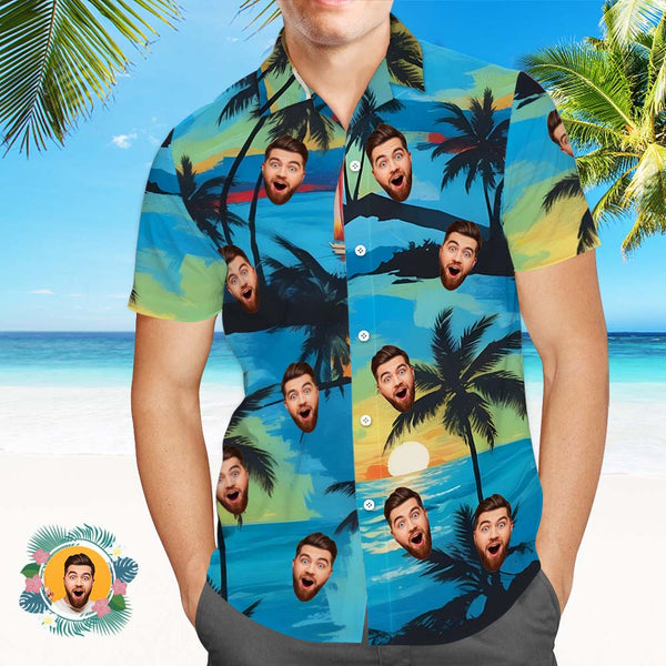 Custom Men Face Hawaiian Shirt Blue And Yellow Beach Sailboat Hawaiian Shirt