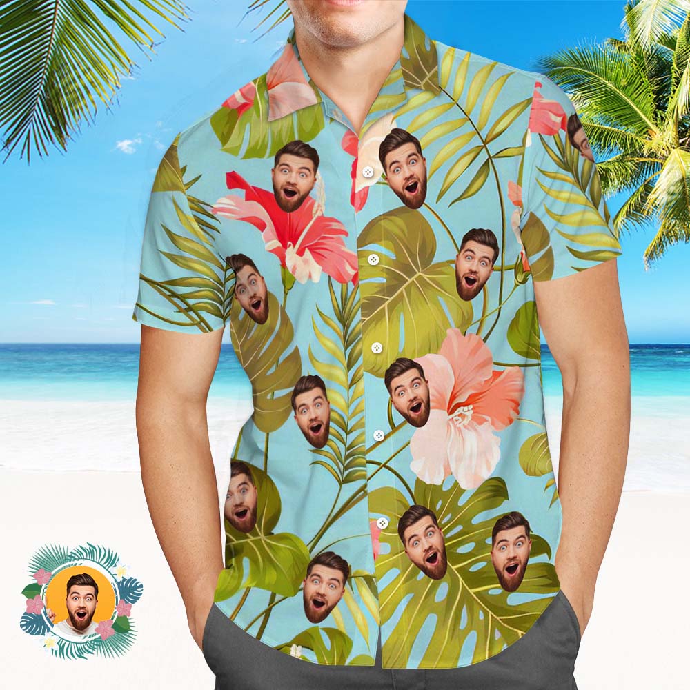 Custom Men Face Hawaiian Shirt Blossom Flowers And Blue Leaves Shirt Gift For Men