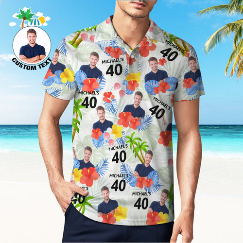 Custom Face Birthday Polo Shirt For Men Personalized Date and Name Yellow Flower And Palm Tree Polo Shirt Gift