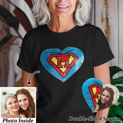 Custom Photo Heart Flip Double Sided Sequin T-shirt Personalized Picture Sequin Tee Mother's Day Gifts - SantaSocks