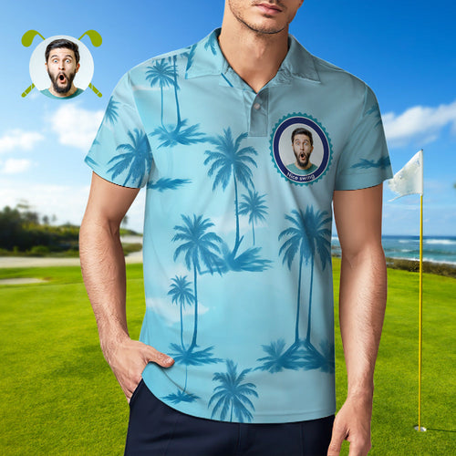 Custom Face Polo Shirt Personalized Blue Coconut Tree Polo Shirt