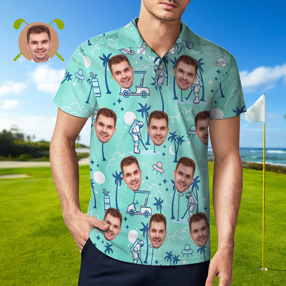 Custom Mens Face Hawaiian Polo Shirt Astronaut Golf Green Polo Shirt - SantaSocks