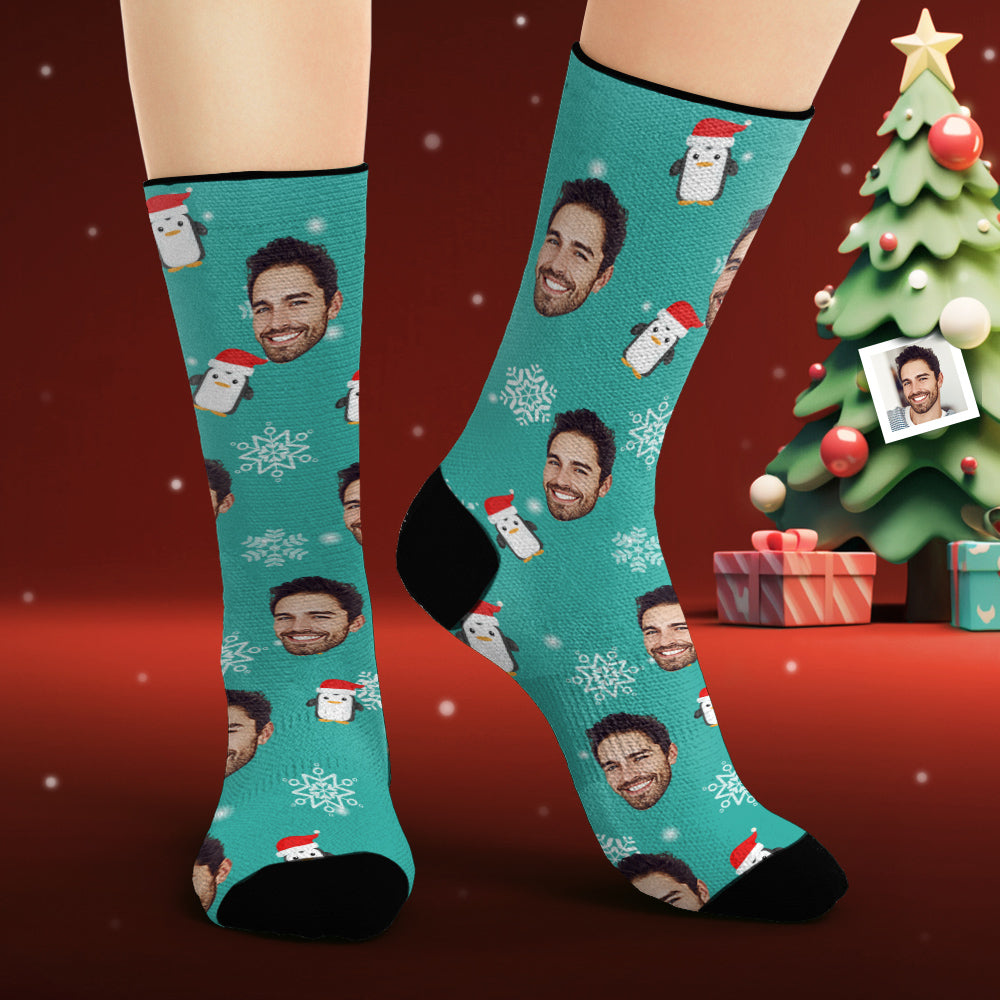 Custom Face Socks Personalized Photo Socks Christmas Penguin